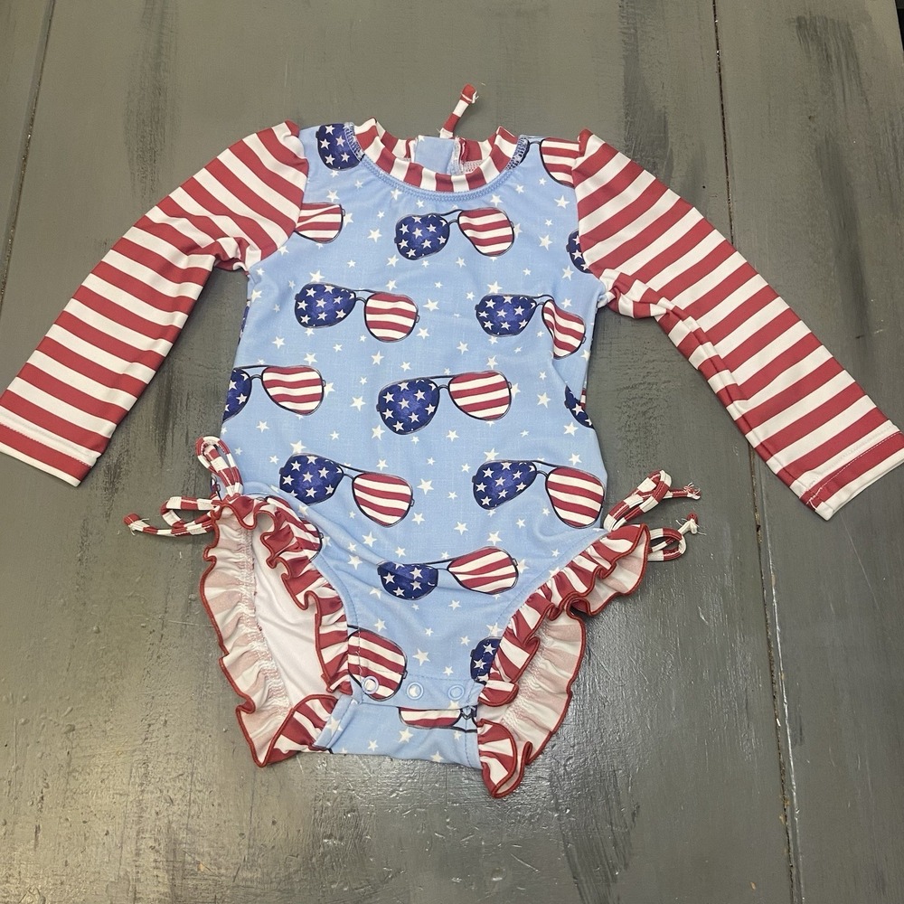Caden Lane Patriotic Girls Rash Guard Swimsuit 12/18 Ruffles Stars Patriotic